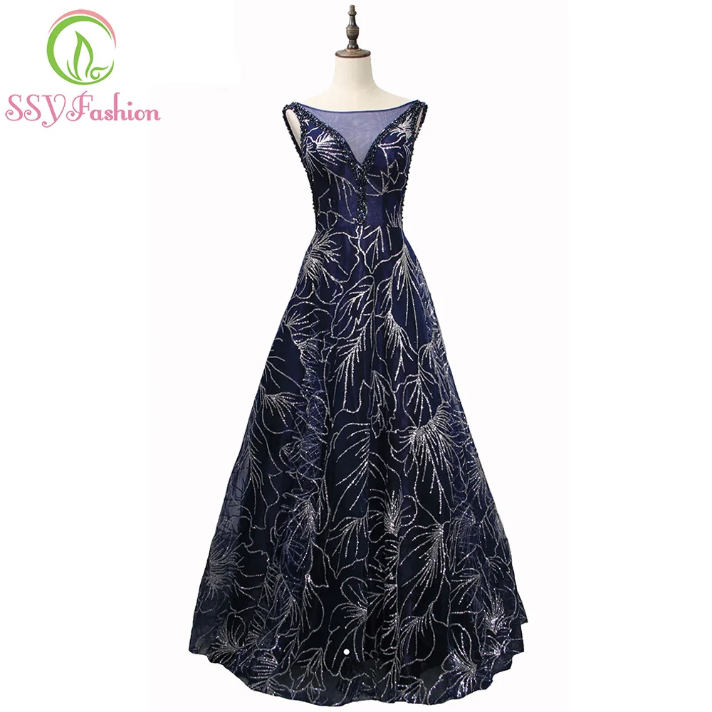 Ssyfashion новый роскошный блестками длинное вечернее платье невесты банкет элегантный Темно-синие спинки Пром платье Пользовательские