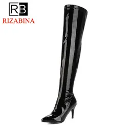 RizaBina/Большие размеры 32-48, женские ботфорты на молнии с острым носком на тонком каблуке, женские теплые ботфорты на высоком каблуке