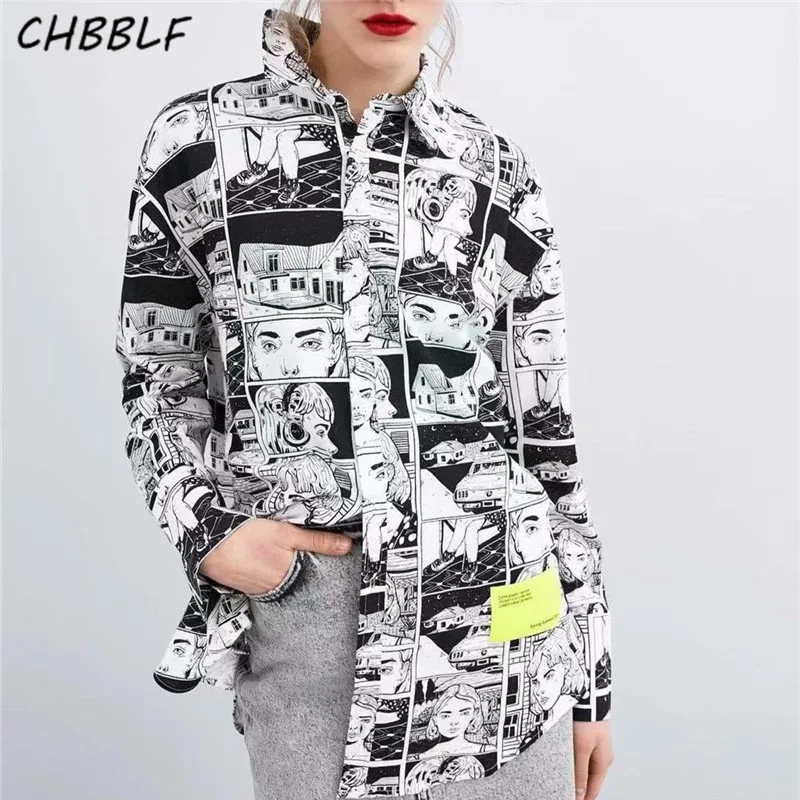 

CHBBLF women Character Art Series Shirts blouse long sleeve turn down collar female casual chic tops A9197