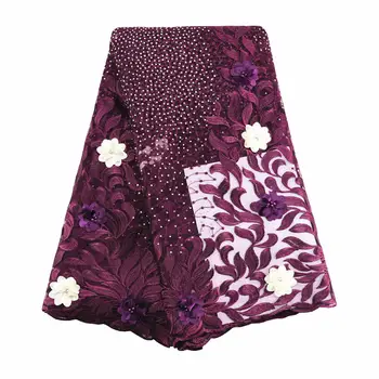 

Nigerian lace fabrics 2019 purple luxury french laces top quality 3d flower lace with rhinestones 236 5yards for wedding