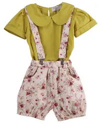 Новинка оптовая продажа желтая футболка для маленьких девочек цветочные шорты штаны одежда 2 предмета одежда на лямках с цветочным
