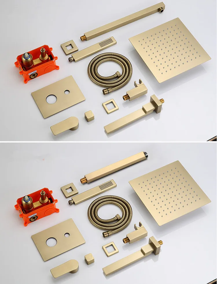 Ванная душевой набор матовый золотой квадратная ливневая душевой кран настенный или Потолочные и настенные душевой смеситель 8-1" душевая головка