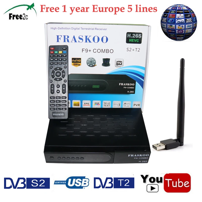 

FRASKOO F9 Plus COMBO DVB-S2+DVB-T2 Satellite Receiver H.265 WIFI 1080P Full HD +1Year Europe Spain PT DE PO CCcam TV decoder