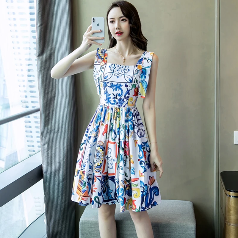 

SHTONGHUA new Designer Runway Fashion Summer Dress Women's Spaghetti Strap Blue Amazing Flower Print Elegant Casual Beach Dress