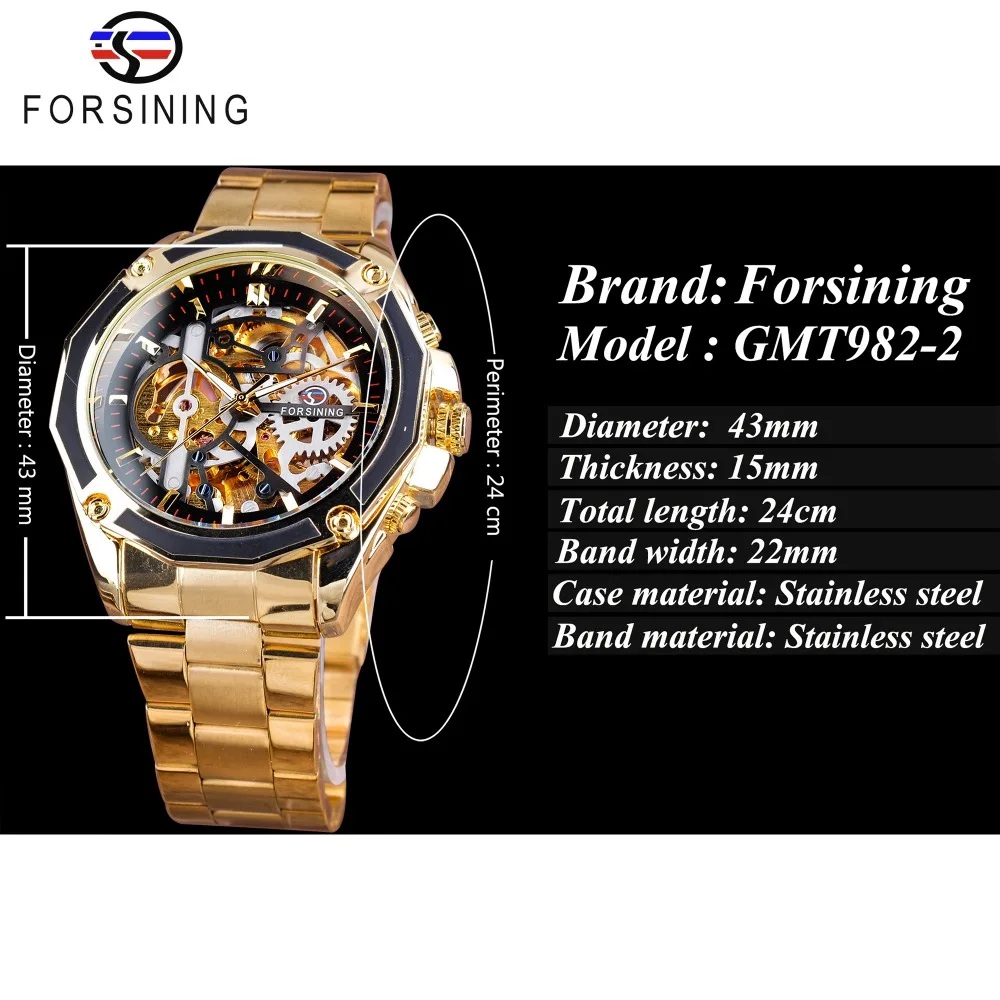 Forsining Transparent Case Golden Stainless Steel Skeleton Luxury Design Men Watch Automatic Watch