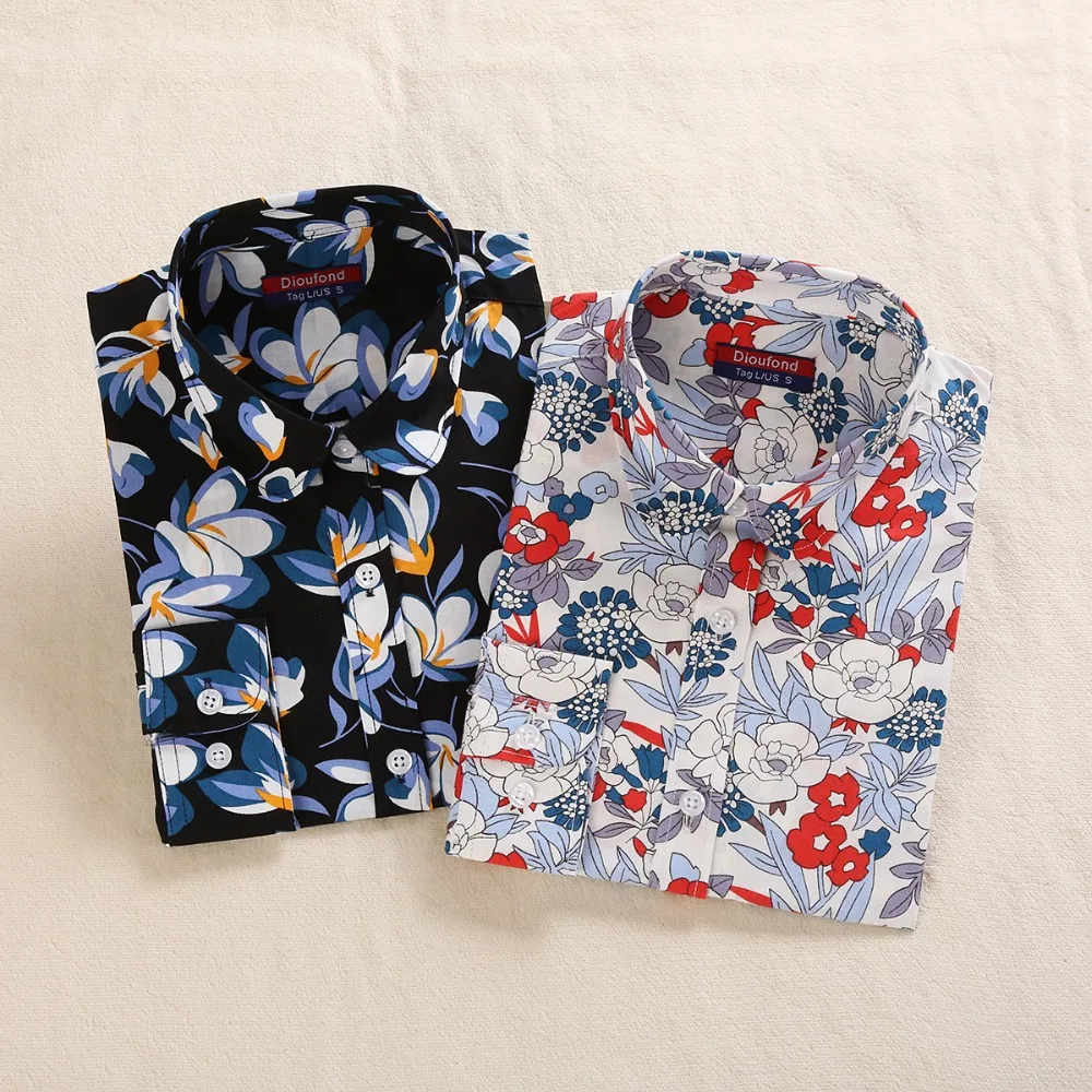 Летние женские рубашки с цветочным принтом клевера, хлопковая блузка с длинным рукавом, женские блузки белого и темно-синего цвета, блузки размера плюс 5XL Dioufond