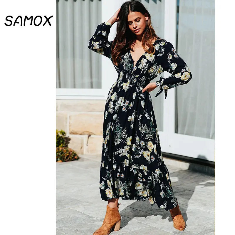 JSMY 2019 New Summer Maxi Dress Fashion Women Bohemian Style Sexy V-neck Button Seven-quarter Sleeve Big Swing Dress
