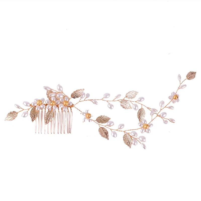 

Handmade Gold Vintage Women Hair Jewelry Long Pearl Flower Leaves Tiara Hair Combs Clips Bridal Wedding Hair Ornaments Pageant