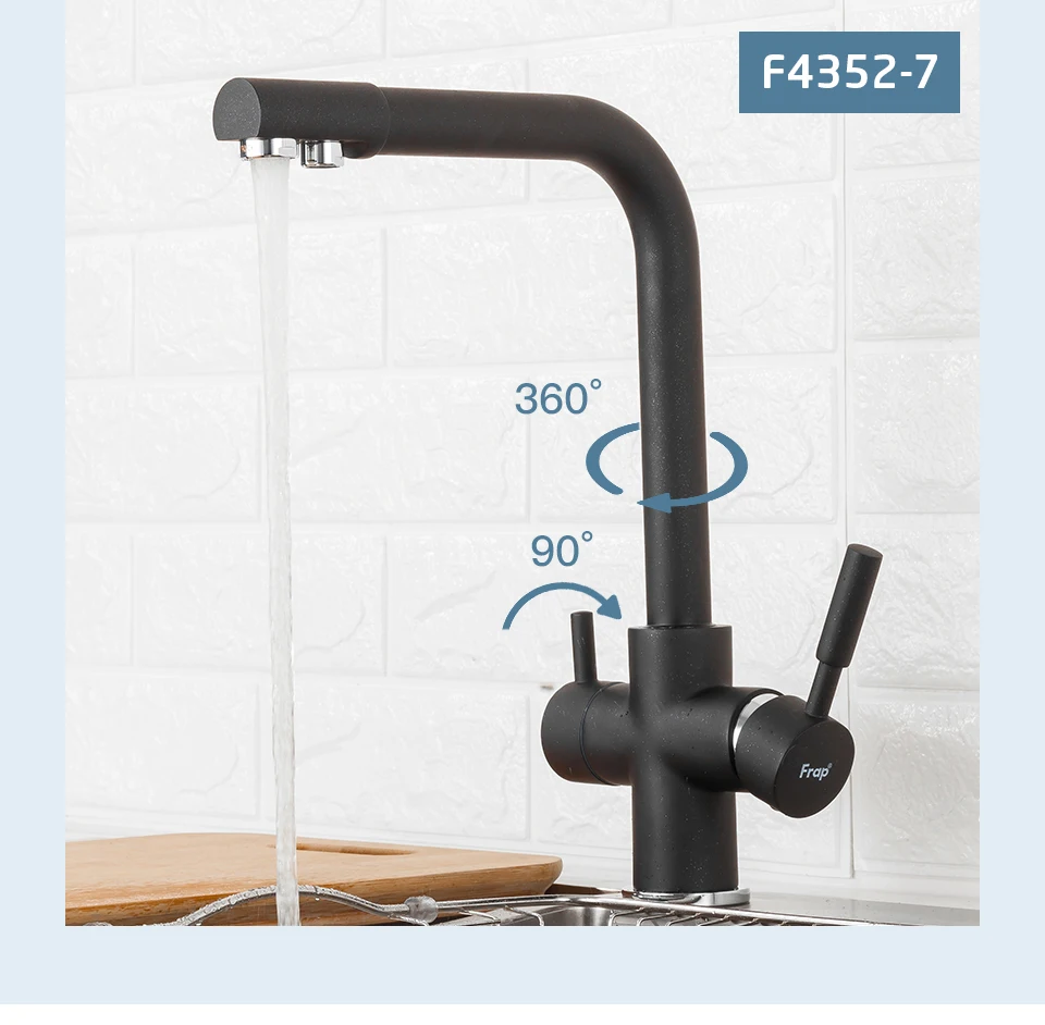 Frap New Black Kitchen Faucet Seven Letter Design 360 Degree Rotation with Water Purification Features Double Handle F4352-7