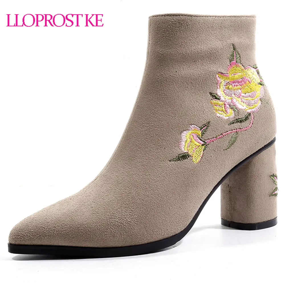 

Lloprost ke new fashion popular flock embroider shoes women super high strange style pointed toe zipper three colors ankle boots
