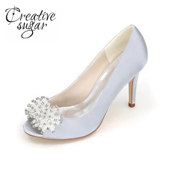 

Creativesugar Beading charm open toe woman heels evening dress shoes party prom bridal wedding homcoming red silver blue white
