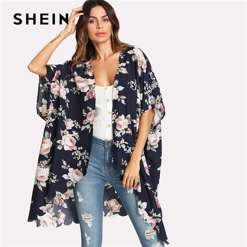Najtaniej SHEIN Kwiat Wydruku Muszelka Tapicerka Kimono Kobiety Połowa Rękawem Muszelka Asymetryczne Wakacje Długa Bluzka 2018 Wiosna Casual Kimono