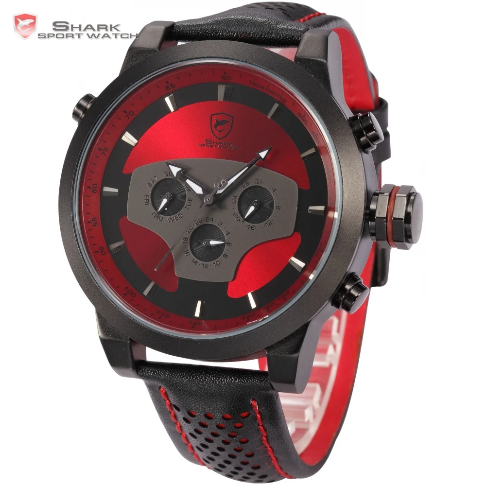 Акула череп 3D циферблат 6 руки день дата 24 ч. дисплей черный красный кожаный ремешок мужской часы мужчины военный кварц спортивные часы / SH207