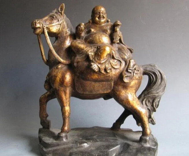 WBY908+++14 China Folk Copper Bronze Carved Lucky Maitreya Buddha Ride