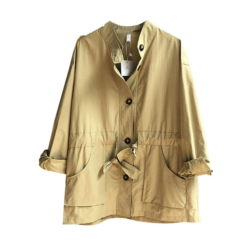 

2019 New Fashion Medium Long Womens Jacket Plus Size Loose Solid Color Wind Protection Coat With Belt Female Windbreaker A098