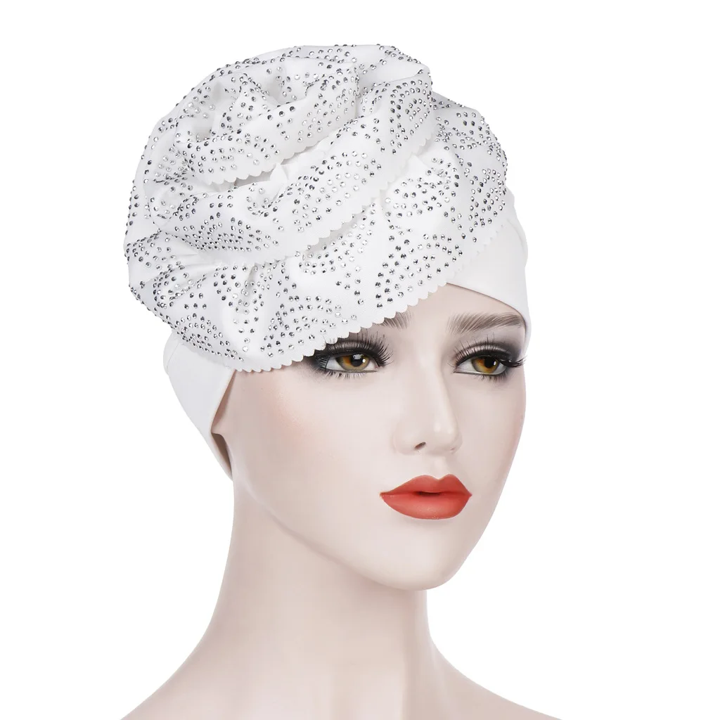 Большой цветок сплошной цвет головной платок шапка тюрбан из хлопка шляпа рак шапка Хемо головной убор обертывание покрытые капот аксессуары для волос - Цвет: Белый