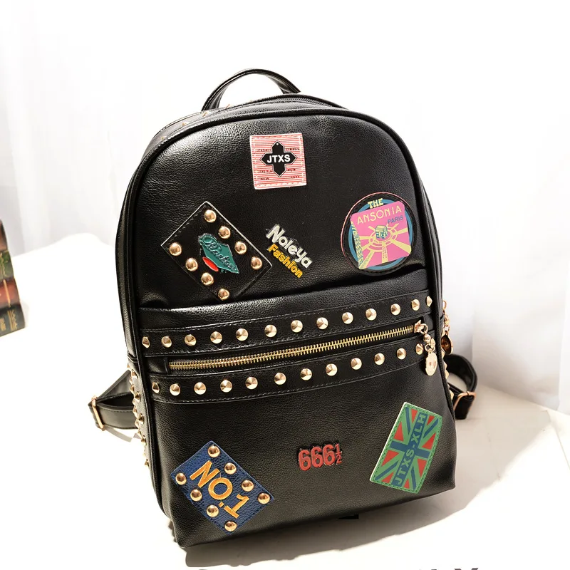New fashion women men Backpack Punk rivet badge backpack PU leather rock style student school