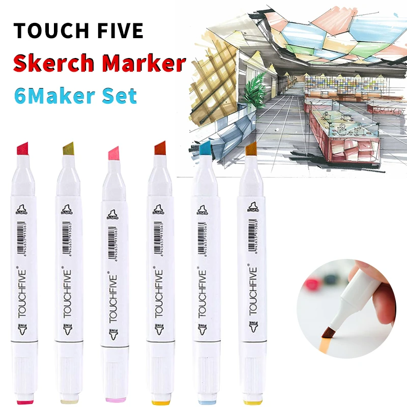 

TOUCHFIVE 6 Colors Pen Marker Pen Dual Head Sketch Markers Brush Pen For Draw Manga Animation Design Art Supplies