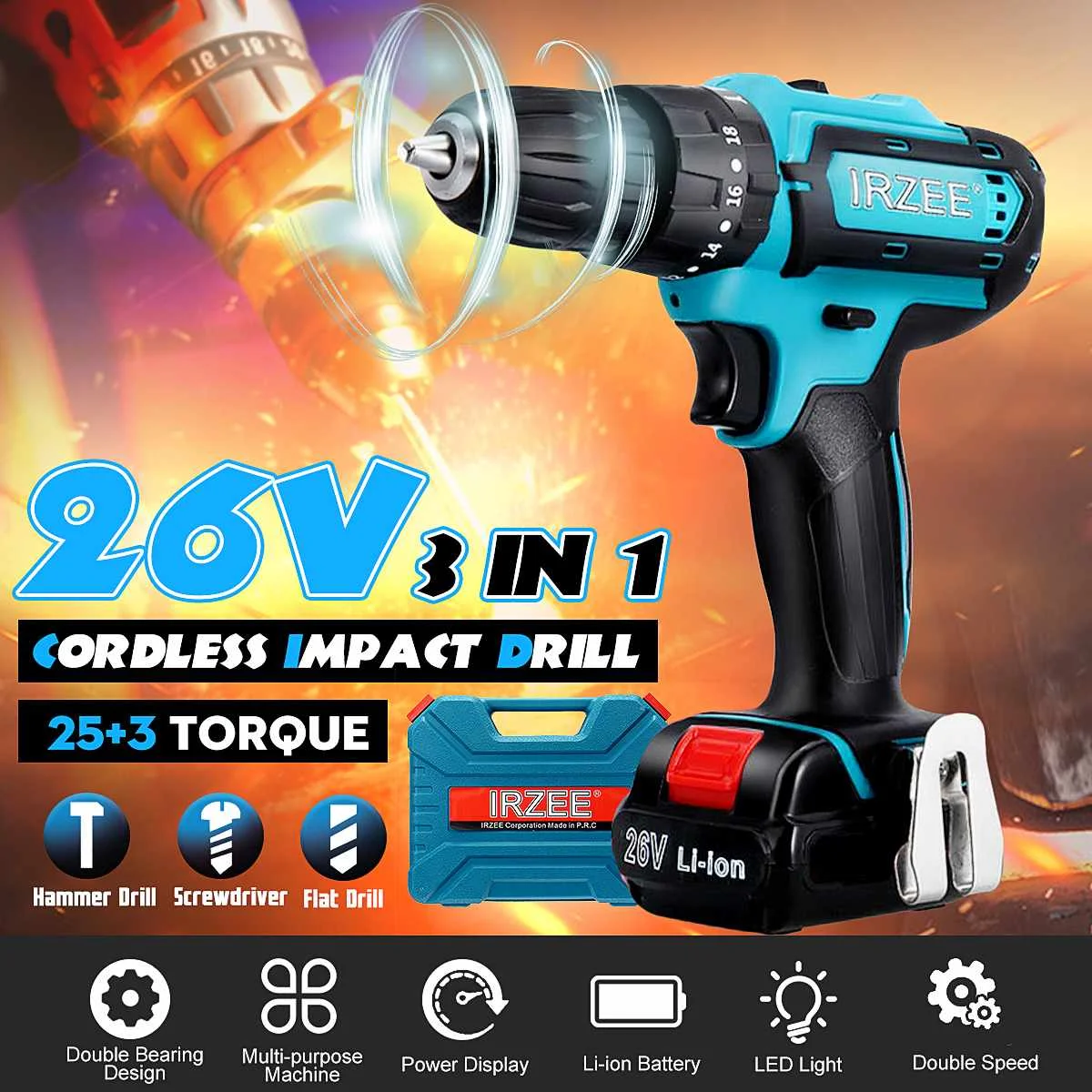 

Electric Screwdriver Cordless Drill Impact Drill LED Light Power Driver 26V Max DC Lithium-Ion Battery 35Nm 2-Speed Power Tools