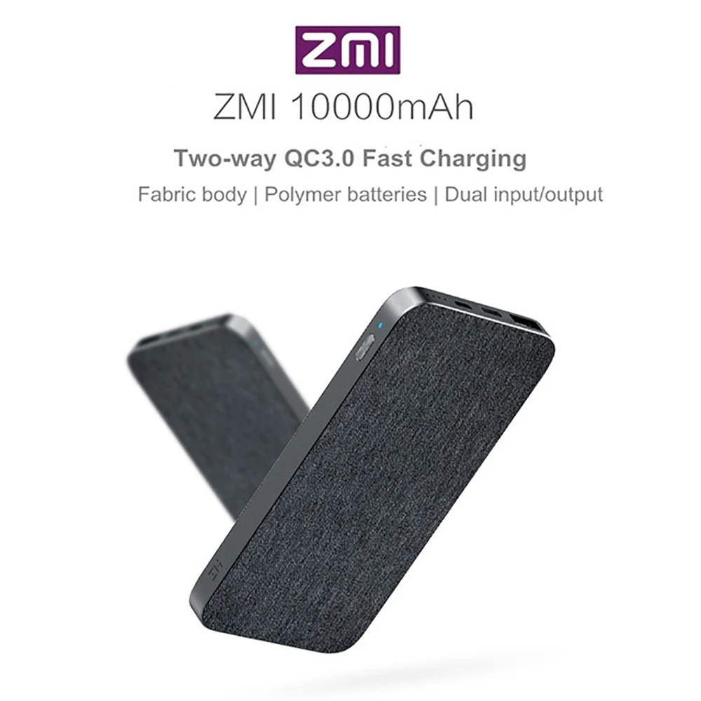 Xiaomi ZMI 10000mAh power Bank модная серая ткань QC3.0 PD type-C PD Двусторонняя Быстрая зарядка 18 Вт внешняя батарея для iPhone