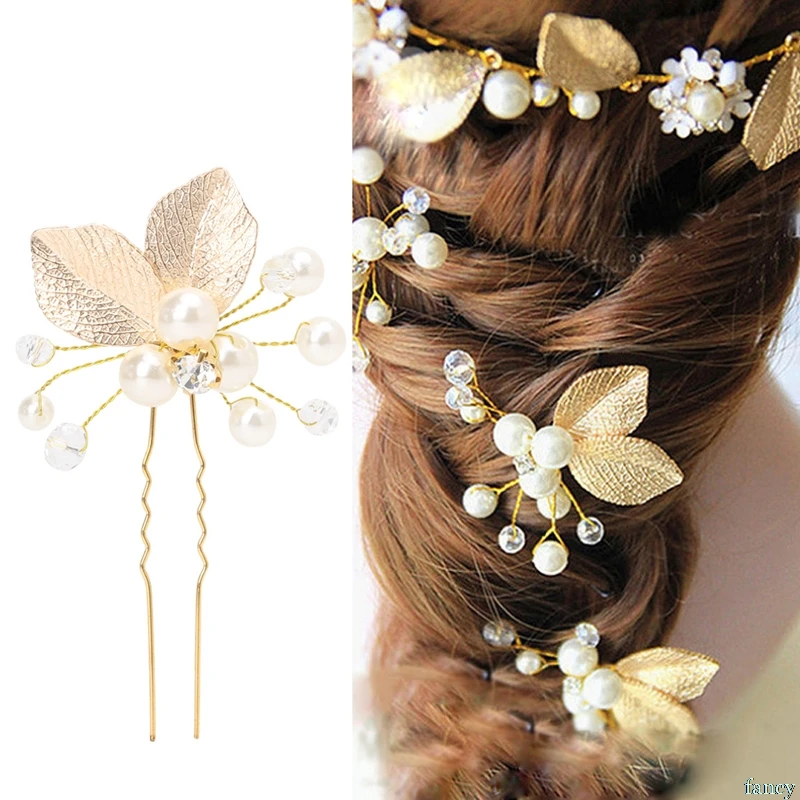 

Women's Hair Clip Leaf Rhinestone Faux Pearls Hairpin Bridal Bobby Pin Jewelry