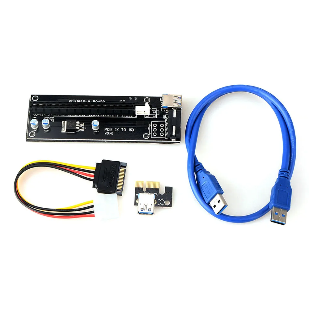 

NEW 60CM PCI Express PCI-E 1X to 16X Riser Card Extender PCIE Adapter + USB 3.0 Cable & 15Pin SATA to 4Pin IDE Power Cord T20