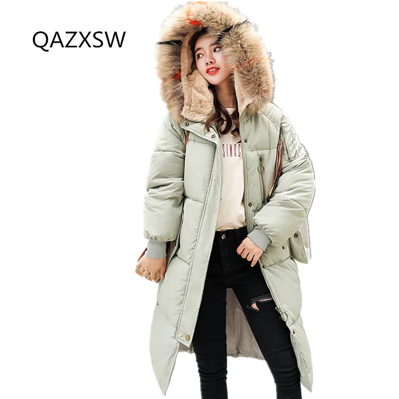 2018 New Women Winter Cotton Coat Long Length Loose Thick Warm Outer Large Fur Collar Hooded OUTERWEAR Fashion Jacket Tq57 Coats
