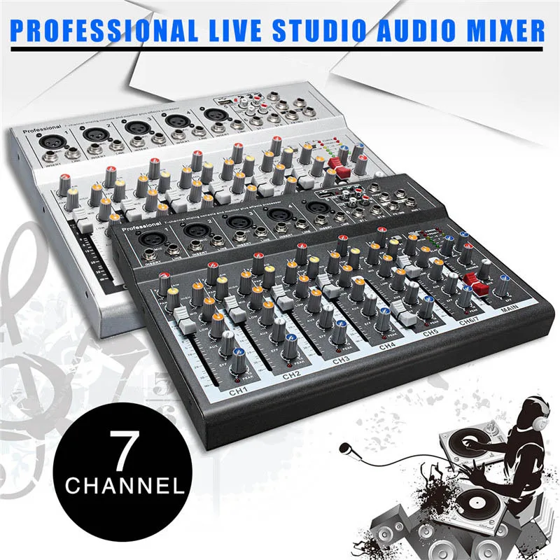 LEORY Профессиональный для ди-Джея свет микшерный пульт USB 48V Mini 7 канал Live Studio Audio Mixer КТВ сети Звуковая карта звук консольный микшер