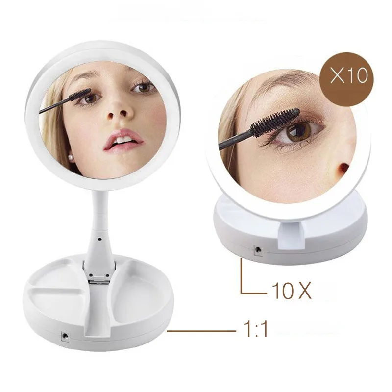 

2018 Portable LED Travel Folding Compact Mirror Double-sided 10x Magnifying Lighted Makeup Mirrors Professional Vanity Mirror