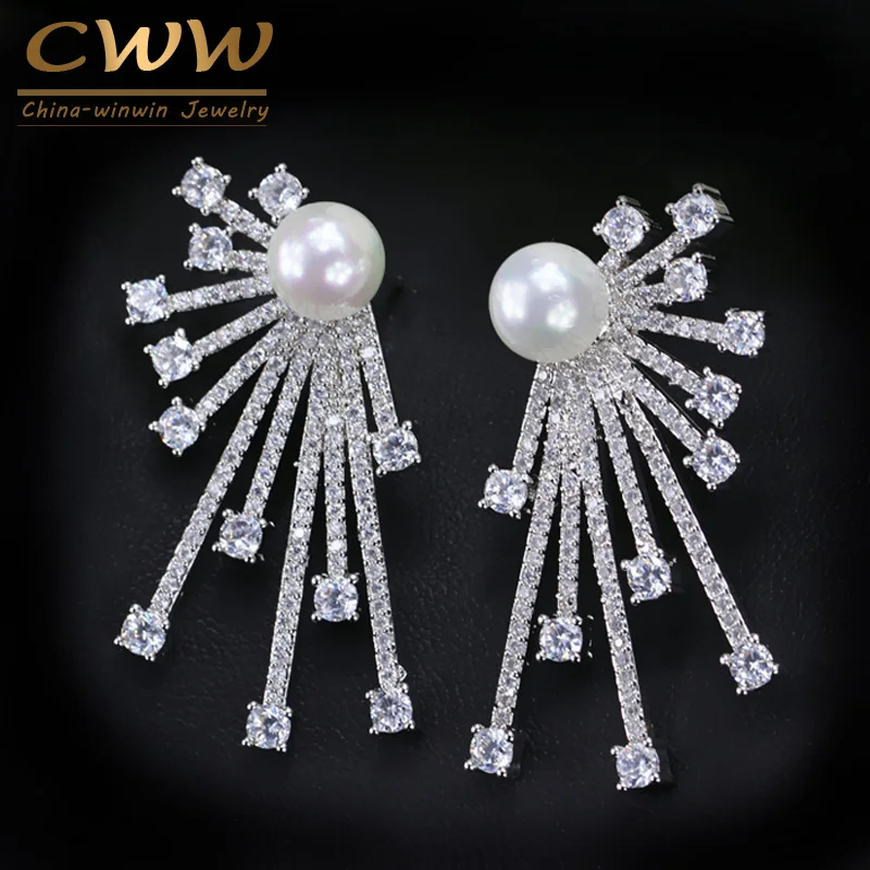 

CWWZircons 2018 New Arrival Blooming Cubic Zirconia Paved Korean Fashion 925 Sterling Silver Pin Pearl Earring For Women CZ048