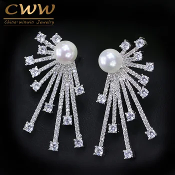 

CWWZircons 2020 New Arrival Blooming Cubic Zirconia Paved Korean Fashion 925 Sterling Silver Pin Pearl Earring for Women CZ048