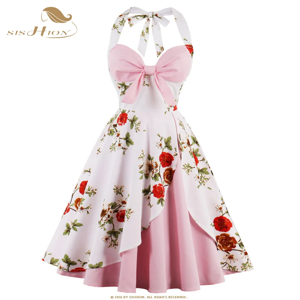 

SISHION Halter Design Sexy Party Dress Plus Size Cotton Floral Print Light Blue Pink 60s Pin Up Retro Vintage Dress VD0644