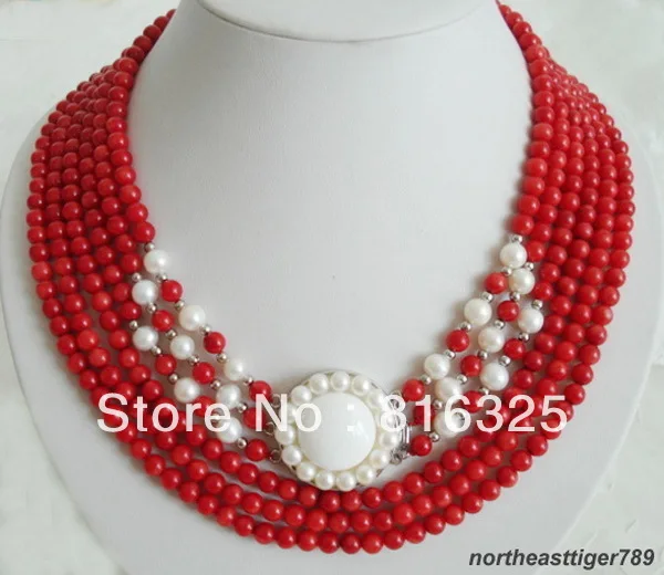 

Fast SHIPPING>>6 Rows Red Coral White Pearl 18KWGP Flower Clasp Pendant Necklace (A0326)
