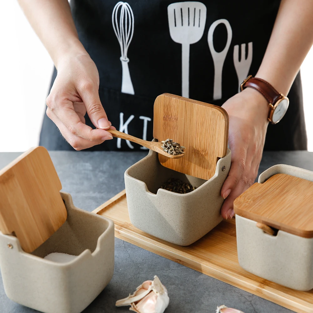 

Pottery Spice Jars Salt Seasoning Pot Spice Porcelain Box Bamboo Cover Kitchen Storage Containers Organizer Tools Home Decro