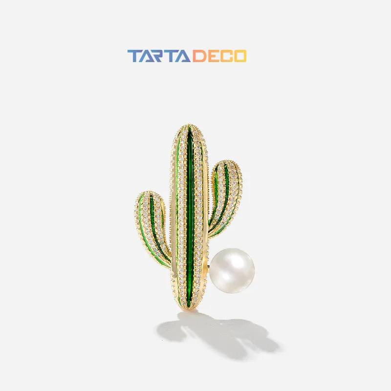 Desert Jewelry Green Cactus Brooches Gold Tone Micro Pave Clear Crystal Imitated Pearl Deco Enamel Cactuses Pins Broach for Suit | Дом и сад