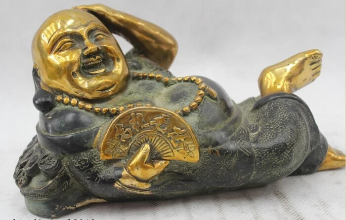 

4"China Buddhism Folk Pure Bronze Lucky Money drawing Maitreya Buddha Statue