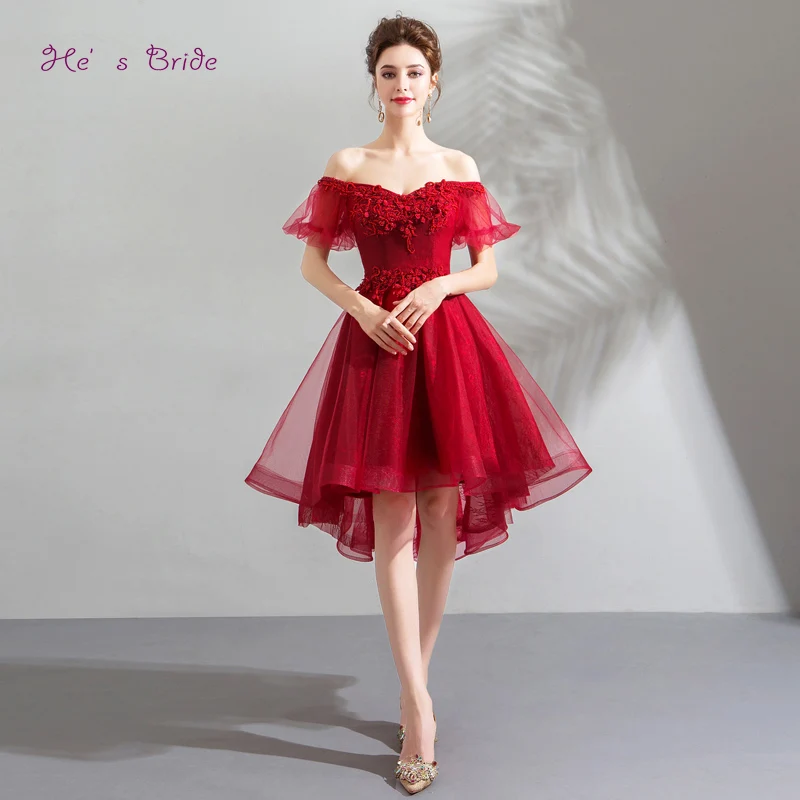 

He's Bride Red Elegant Cocktail Dress Strapless Short Sleeves Ball Gown Appliques Floral Print Knee-length Party Formal Vestidos