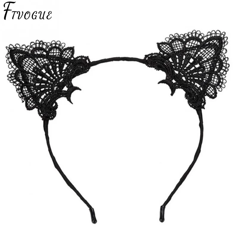 

Women Hair Elastic Headbands Fashion Black Lace Cat Ears Headband Wedding Photography Portrait Style Hair Hoop Hair Accessories