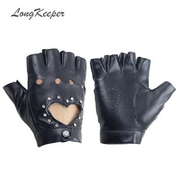 

LongKeeper Women Leather Gloves PU Fingerless Heart Shape Hollow Mittens Street Dance Diamond Design Photography Glove G304