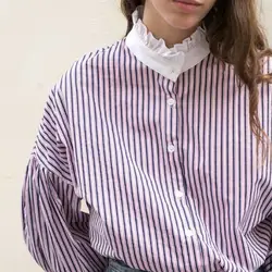 Осень 2018 г. Новые Модные полосатые женские рубашки с рукавами-фонариками в виде листьев лотоса