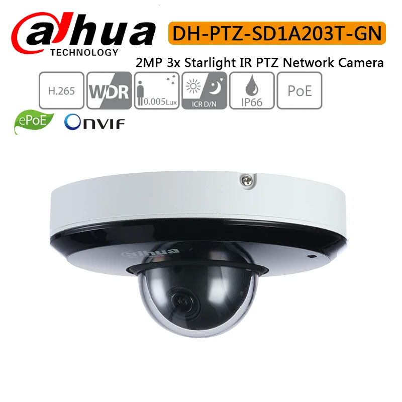 

Dahua PTZ-SD1A203T-GN support IVS PoE IR15m IP66 2MP 3x Starlight IR PTZ Network Camera DH-PTZ- SD1A203T-GN