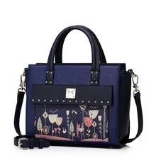 Women City Light Rivets Print Embroidery Blue Leather Convertible Tote Top Handle Bag Cross Body Shoulder Bag Ladies Purse
