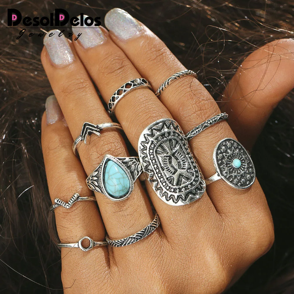 

10PCS/Set Retro Pattern Mix Finger Midi Ring Sets 2018 Vintage Unicorn Steampunk Knuckle Rings for Women Man Boho Jewelry