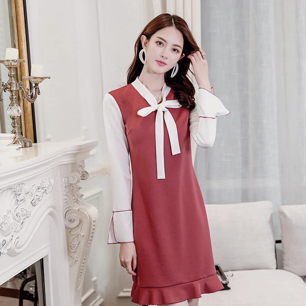 

2019 Spring New Dress Bow tie Female Korean Petal Sleeve Lotus Splicing Dress