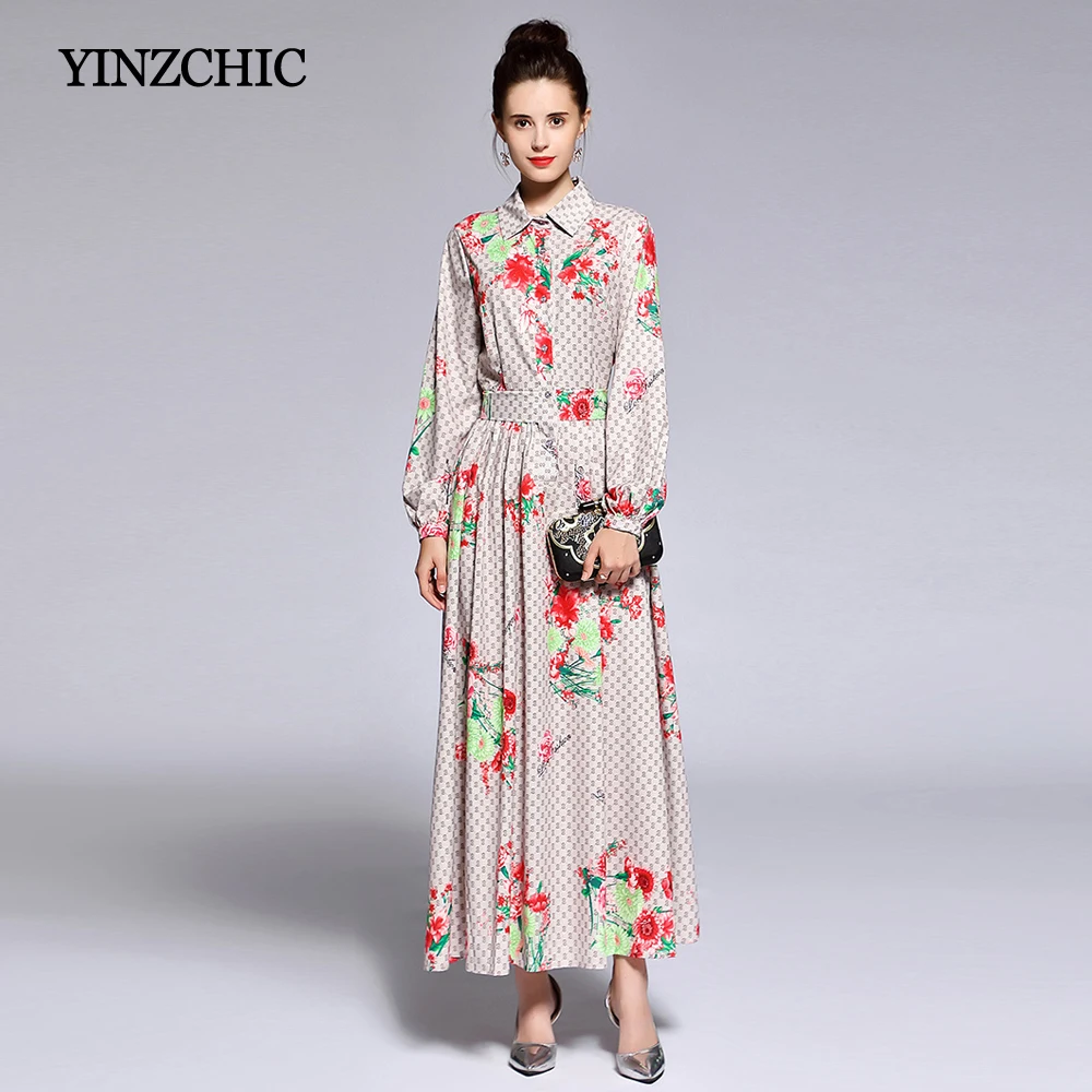 New Autumn Womans Maxi Dresses Floral Printed Female Slim A Line Dress ...