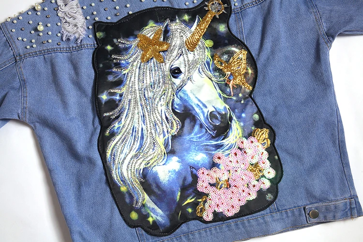 Unicorn Pearls Ripped Denim Jacket -Unicorn Fashion