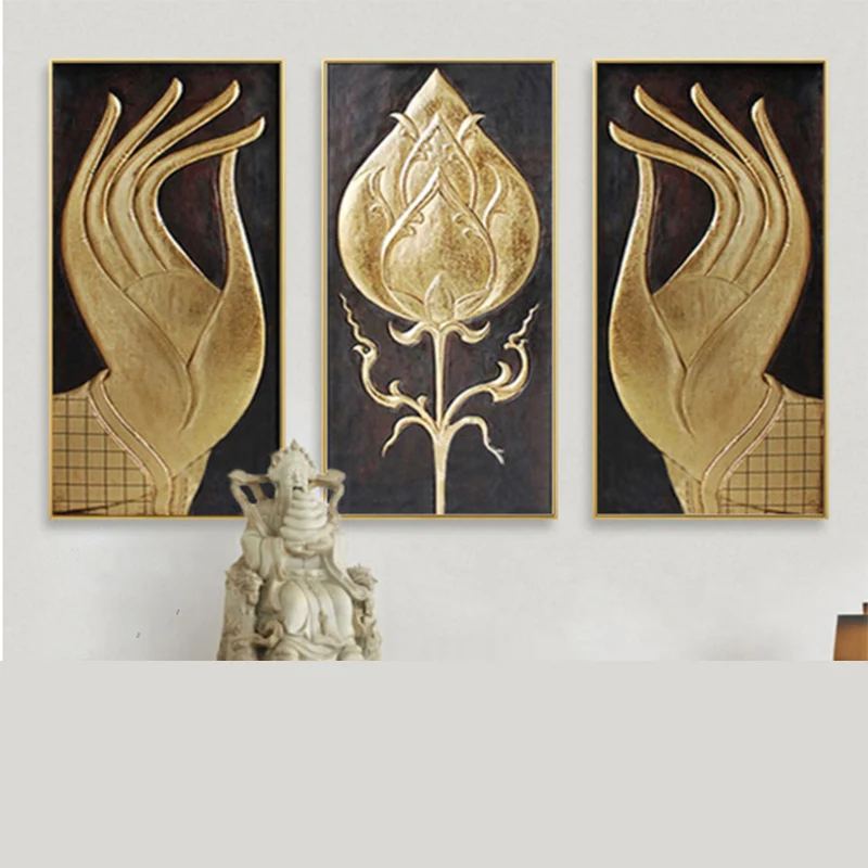 

hand painted buddha hands with lotus flower gold foil zen oil painting Artworks asian style Living Room Decor canvas for