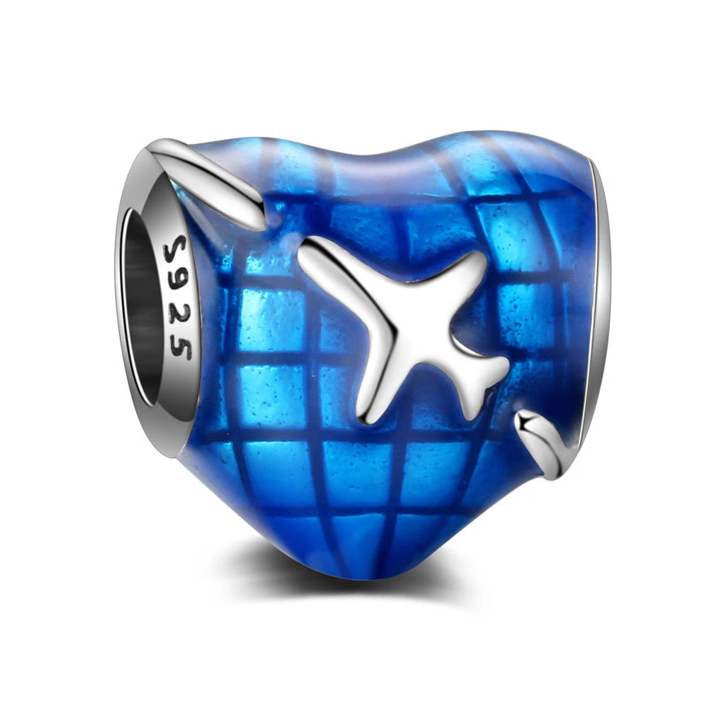 

ZMZY Design Authentic 925 Sterling Silver Charm Blue Enamel Map & Planes Bead Fit pandora Bracelets Bangle Jewelry Making Gifts