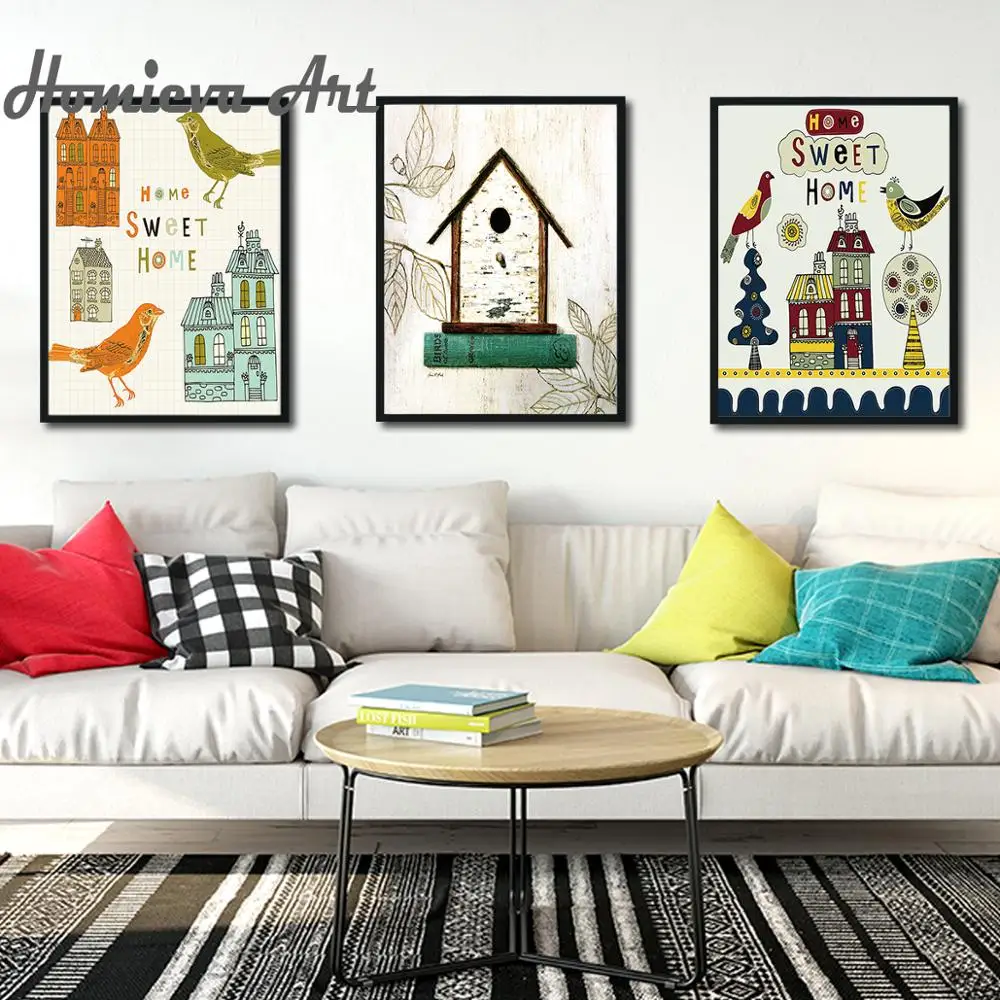 Cartoon City birds House Canvas Art Painting Print Poster And Prints Wall Pictures Kids Room Decor | Дом и сад