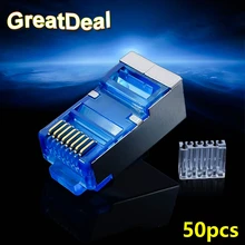 50 pces gato azul 6 rj45 conector de rede cat6 rj45 plug tipo rachado 8p8c stp metal blindado terminais modulares hy1532